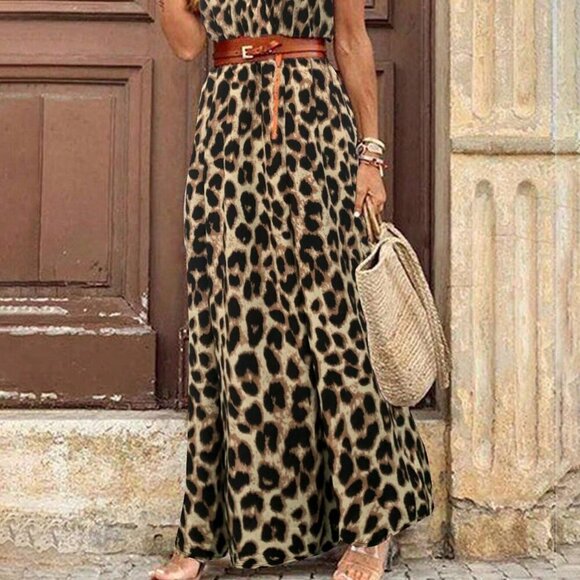 Chocolate Brown Casual Women's Leopard Print Deep V BatwingSleeve Dress - Picture 4 of 5